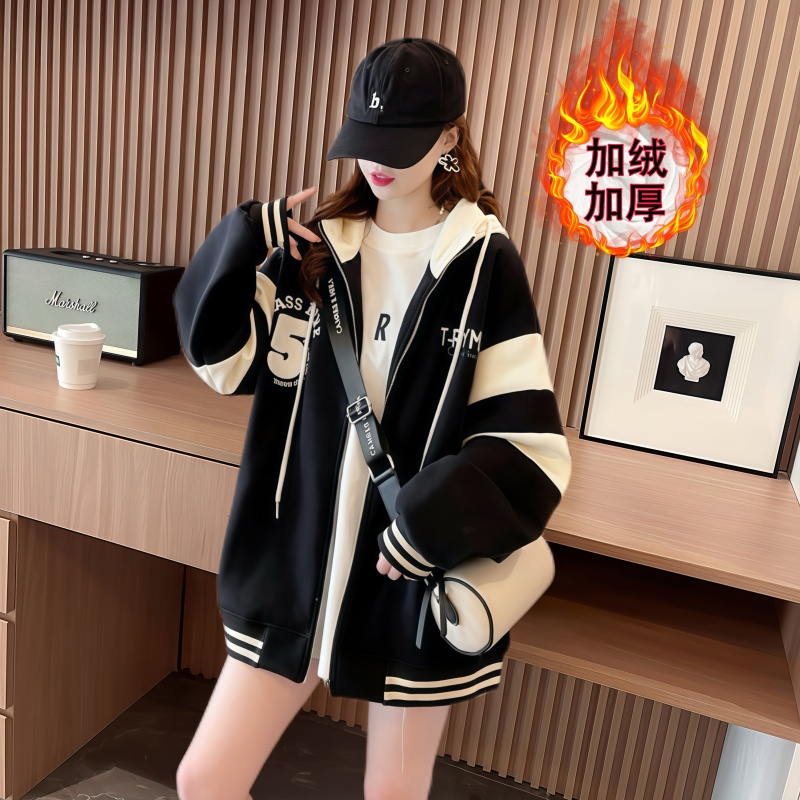 少女初高中学生大童百搭连帽刺绣卫衣女开衫加绒加厚棒球服外套潮