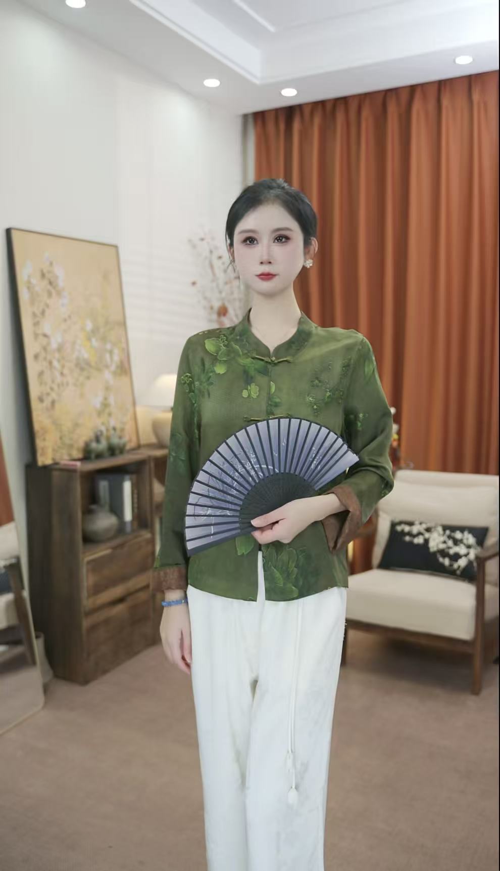 【青芜集】上衣复古斜襟中国风印染百搭薄款开襟中长款立领提花