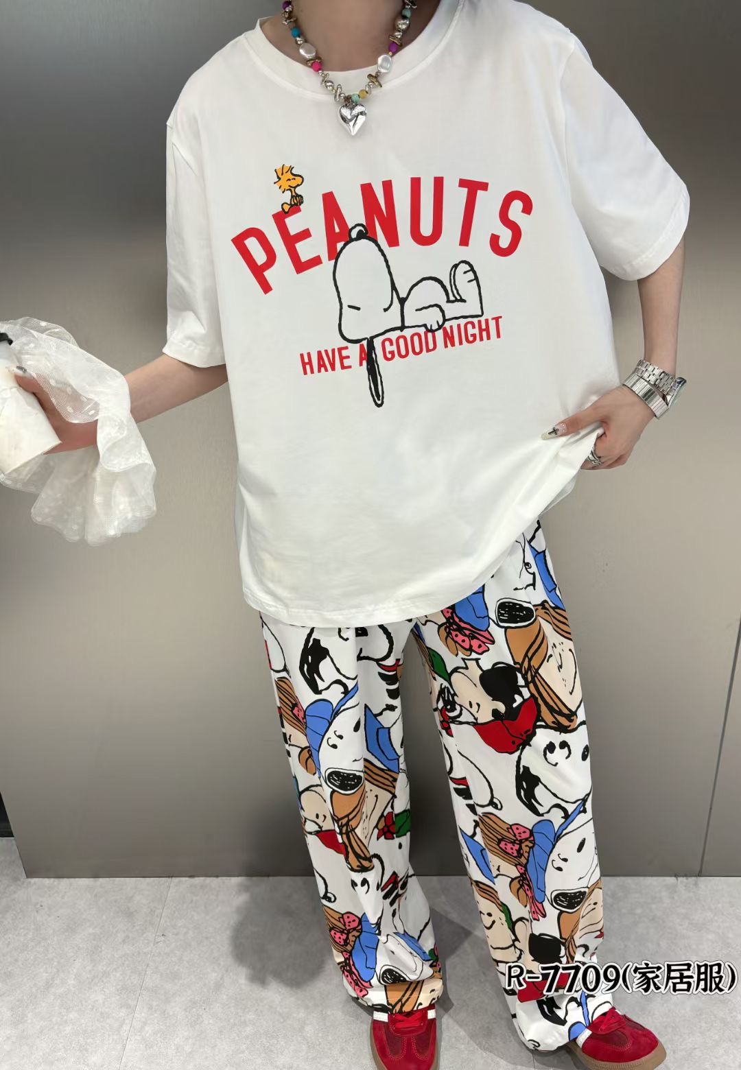 家居服大码显瘦百搭中长款圆领半袖t恤潮流宽松女装春季两件套709