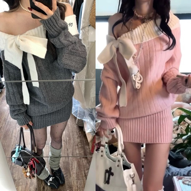 运补｝现货红色圣诞穿搭一字肩蝴蝶结长袖针织连衣裙女冬露肩短裙