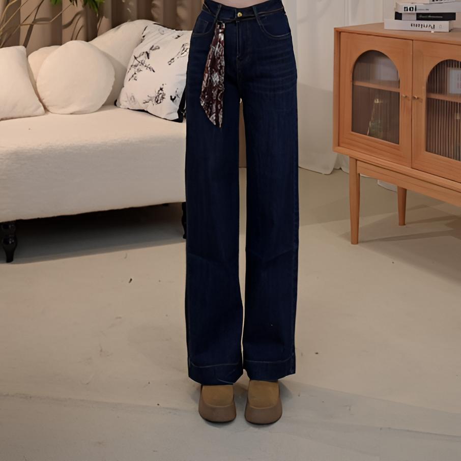 秋季新款新中式丝带设计感直筒阔腿牛仔裤2025C1643-七月杭锦仓