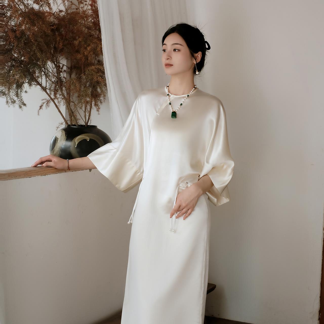 盛唐牡丹 | 丝毛新中式挽袖长裙