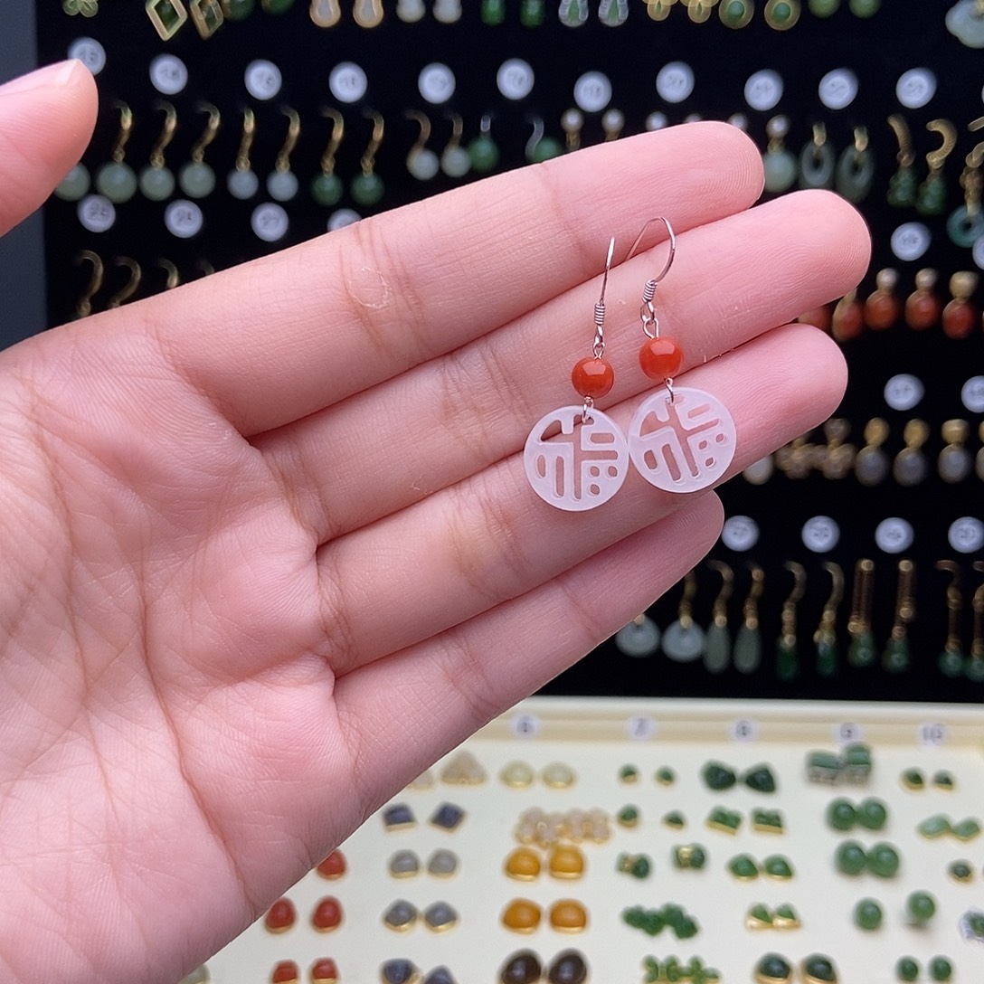 银S925镀金镶嵌和田玉耳饰