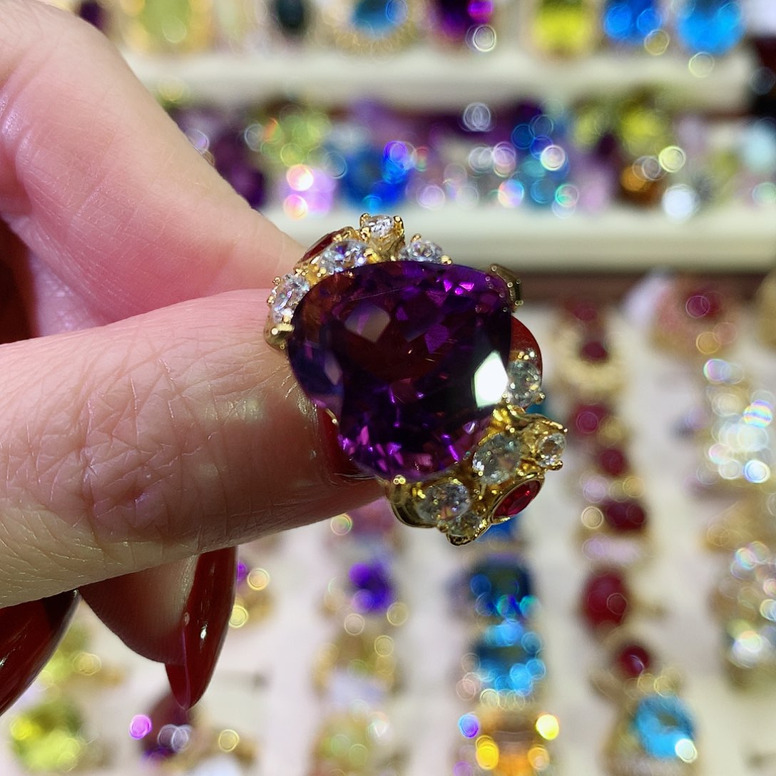 紫晶戒指银S925镀金镶嵌