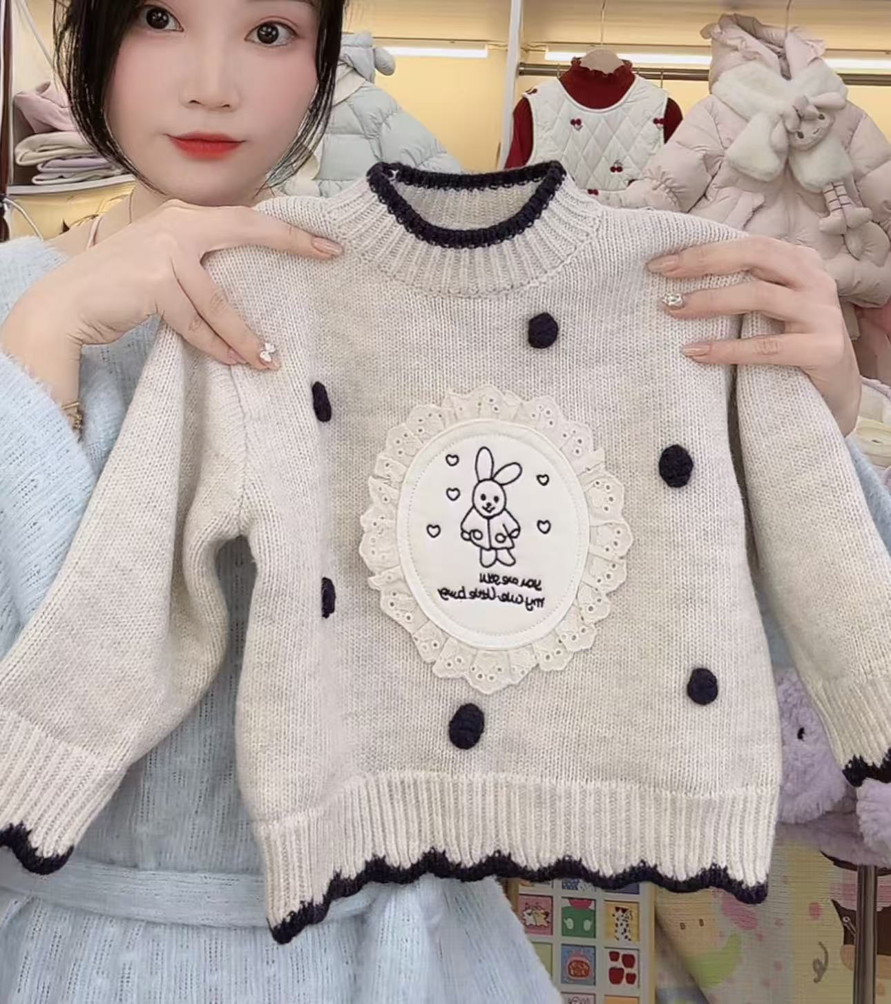 【谷谷家】浅灰色波点兔德容套头毛衣
