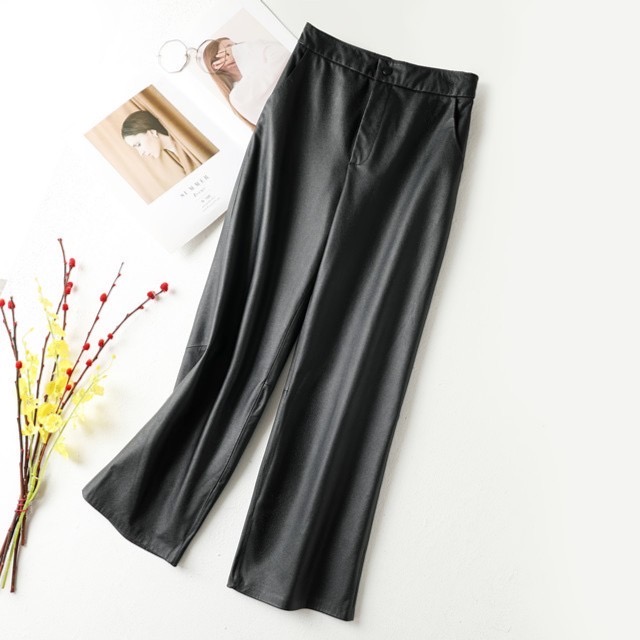 真皮窄版直筒阔腿裤女百搭时尚显瘦牛皮皮裤洋气