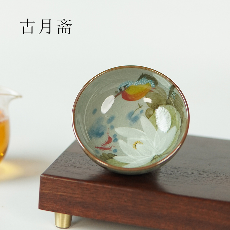 古月斋景德镇手工绘画釉下彩柴窑普洱杯老陶泥瓷白荷花品茗主人杯