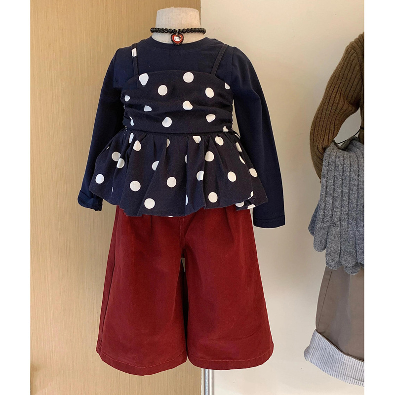 女童秋季新款三件套圆点吊带长袖打底衫女宝宝女童早秋衣服