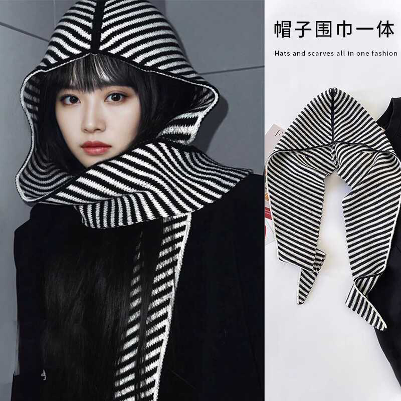 出口订单！一体式巴拉克法帽山羊绒连帽围巾针织帽休闲假领秋冬