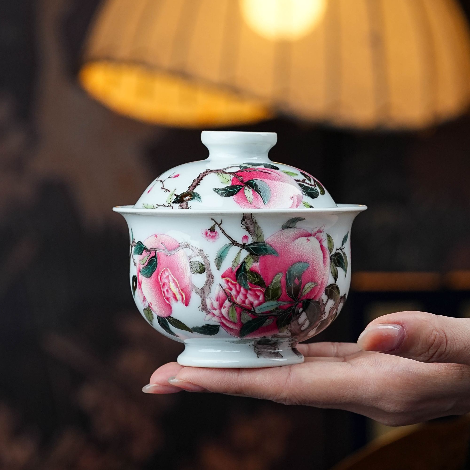 景宫粉彩石榴盖碗陶瓷手绘手工主人杯手绘蝶恋花中式茶具饮茶喝茶