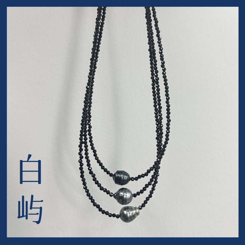 N51海水大溪地螺纹珍珠S925银黑尖晶项链9-10mm(多样性发一)