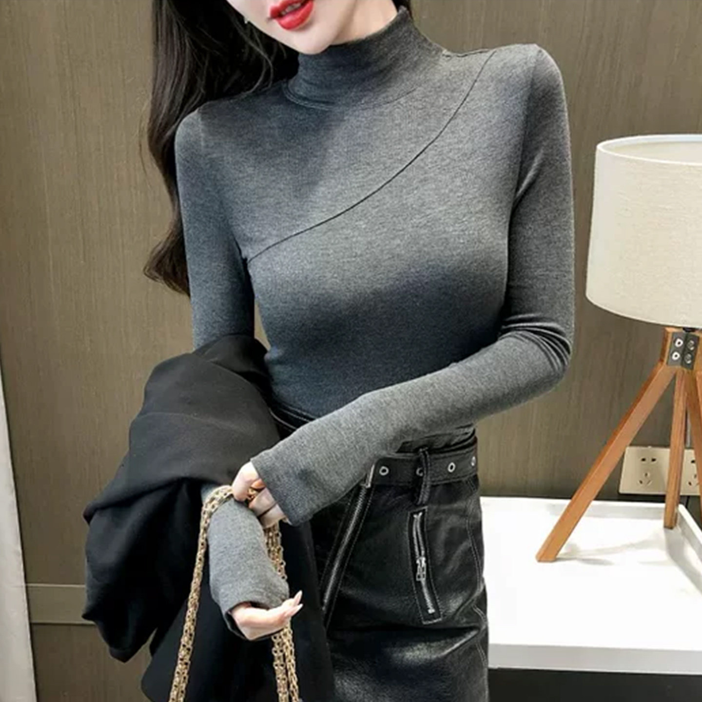 HI半高领磨毛T恤女秋冬内搭2026新款加绒弹力长袖打底上衣BG2771