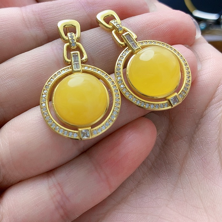 银S925镶嵌琥珀裸石耳坠