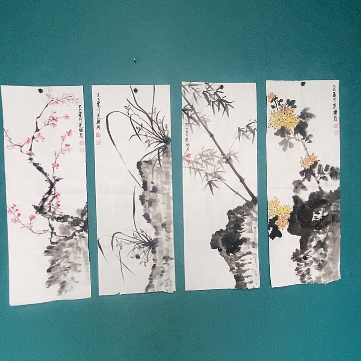 国画四条屏手绘作品
