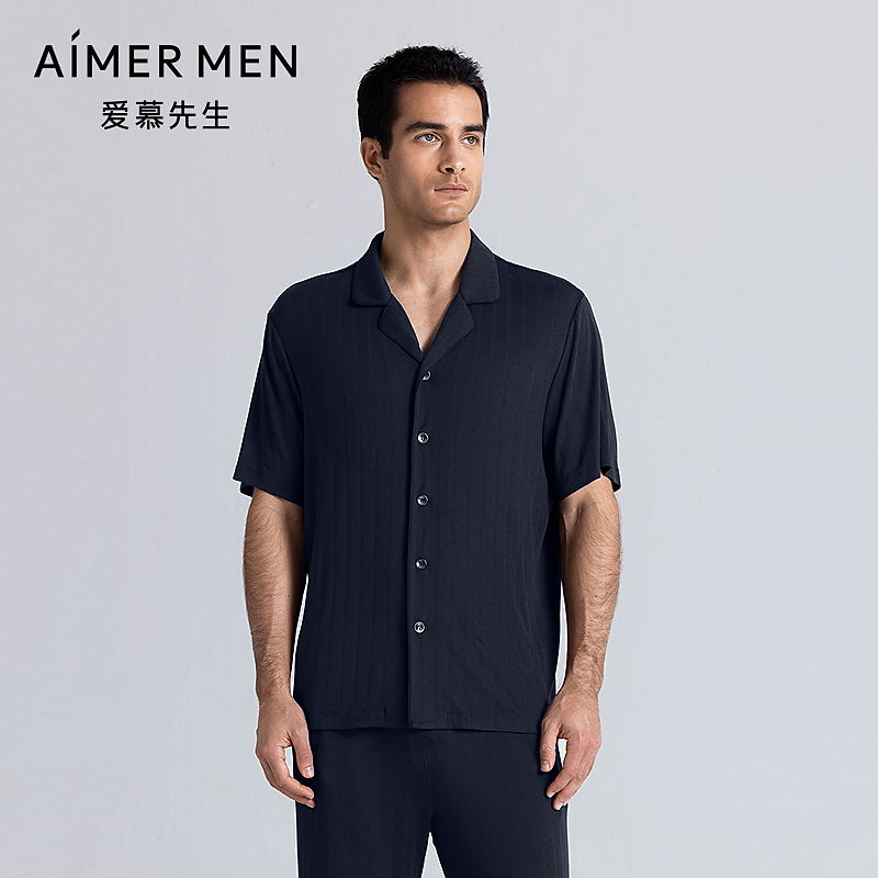爱慕先生25SS悠享条纹家居翻领开衫短袖NS41L991