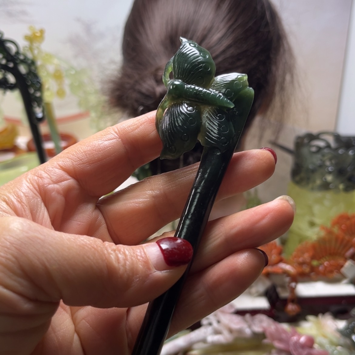 【闪购商品】蛇纹石玉发饰合金