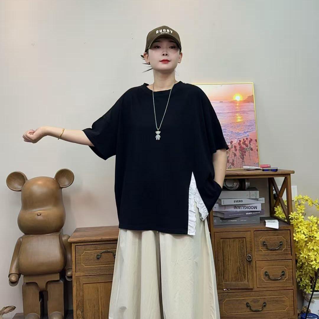 日系休闲百搭下摆开叉花边短袖女上衣宽松休闲百搭时尚显瘦短袖女