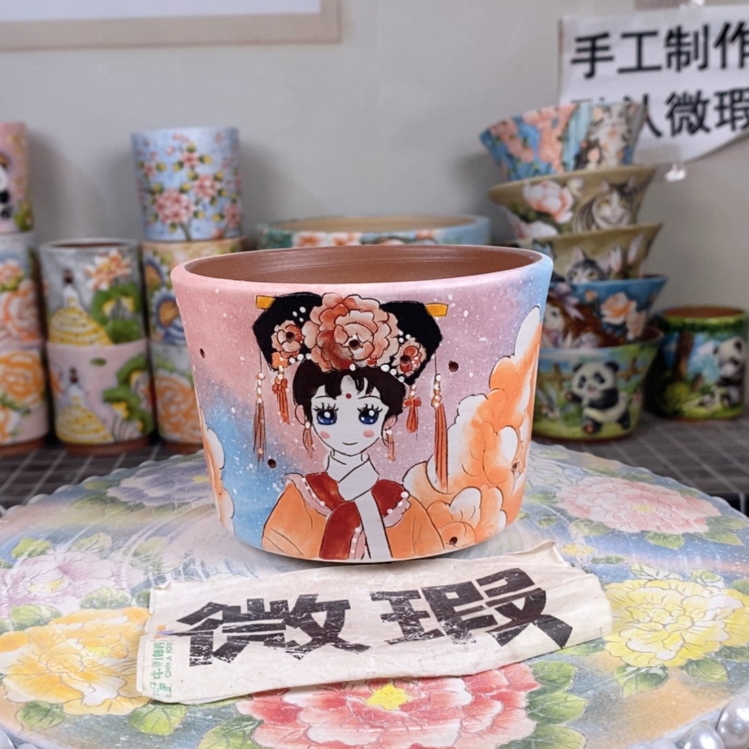 紫砂花盆红陶手绘花盆