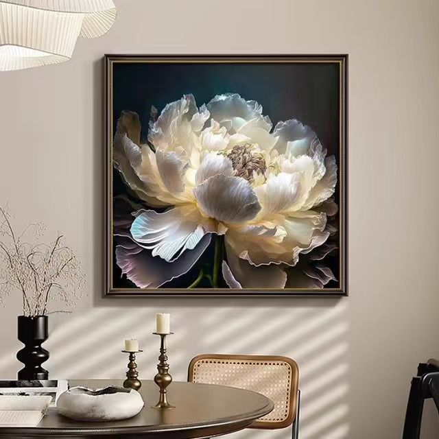 轻奢极简光感牡丹方形装饰画适合卧室餐厅沙发背景墙