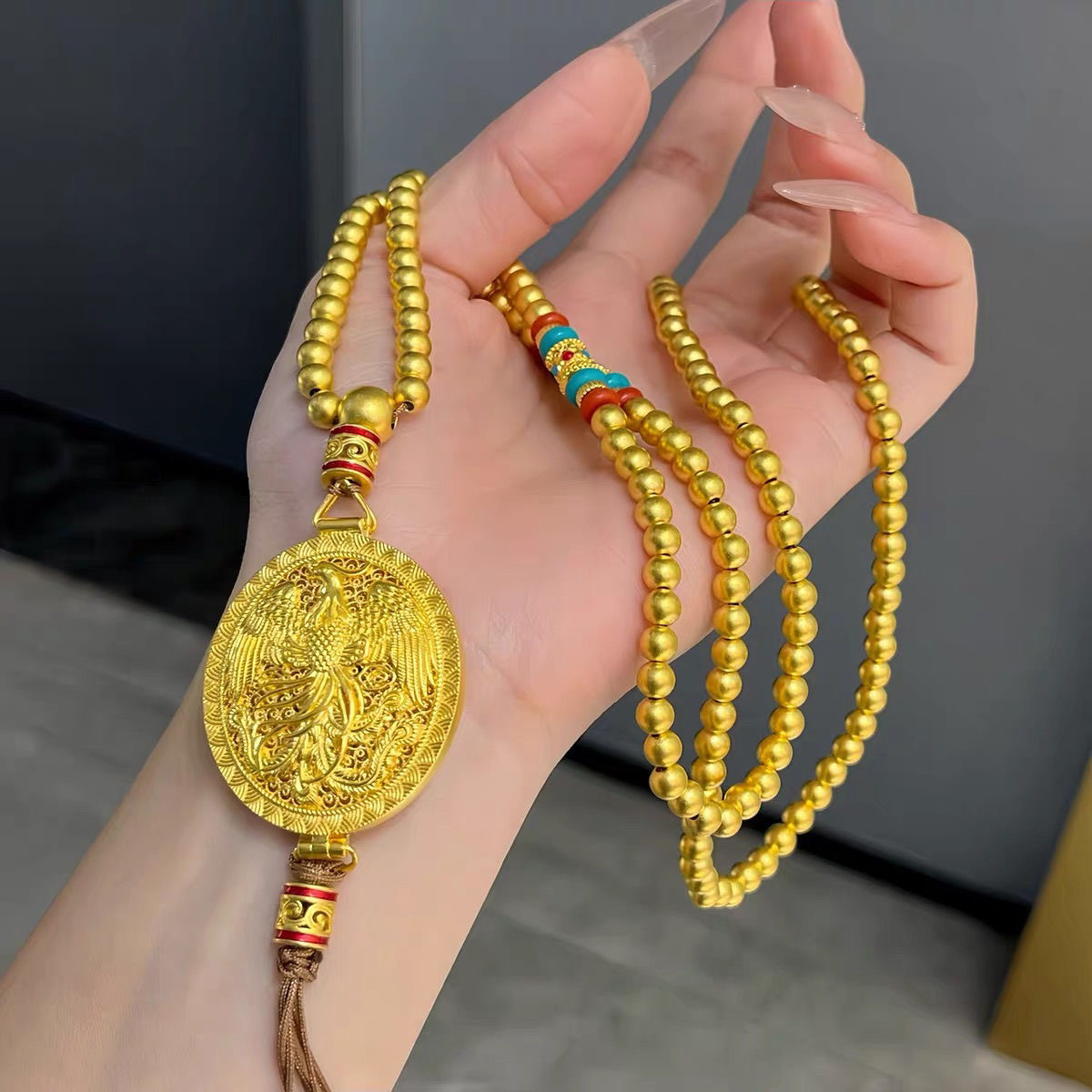 XL3920 108颗佛珠凤凰香囊项链 中式流苏珠珠毛衣链