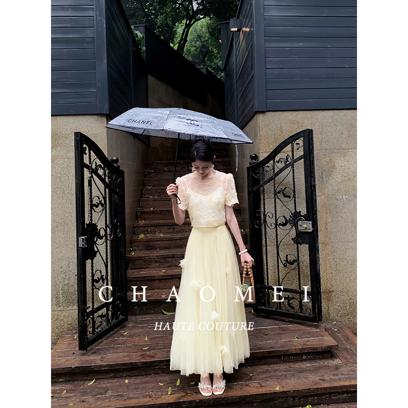 冯（CHAOMEI【丁香少女】新中式国风女装高级感轻奢蕾丝上衣纱纱半裙