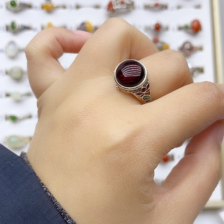 血珀戒指银S925镶嵌天然