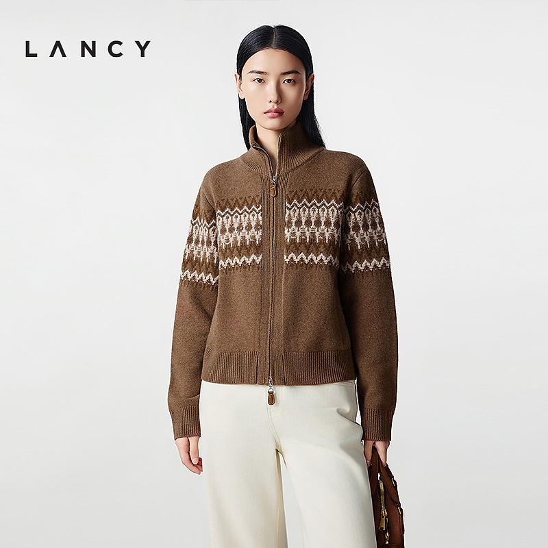 【纯羊毛】LANCY/朗姿2025冬新款费尔岛高领双拉链提花针织开衫女