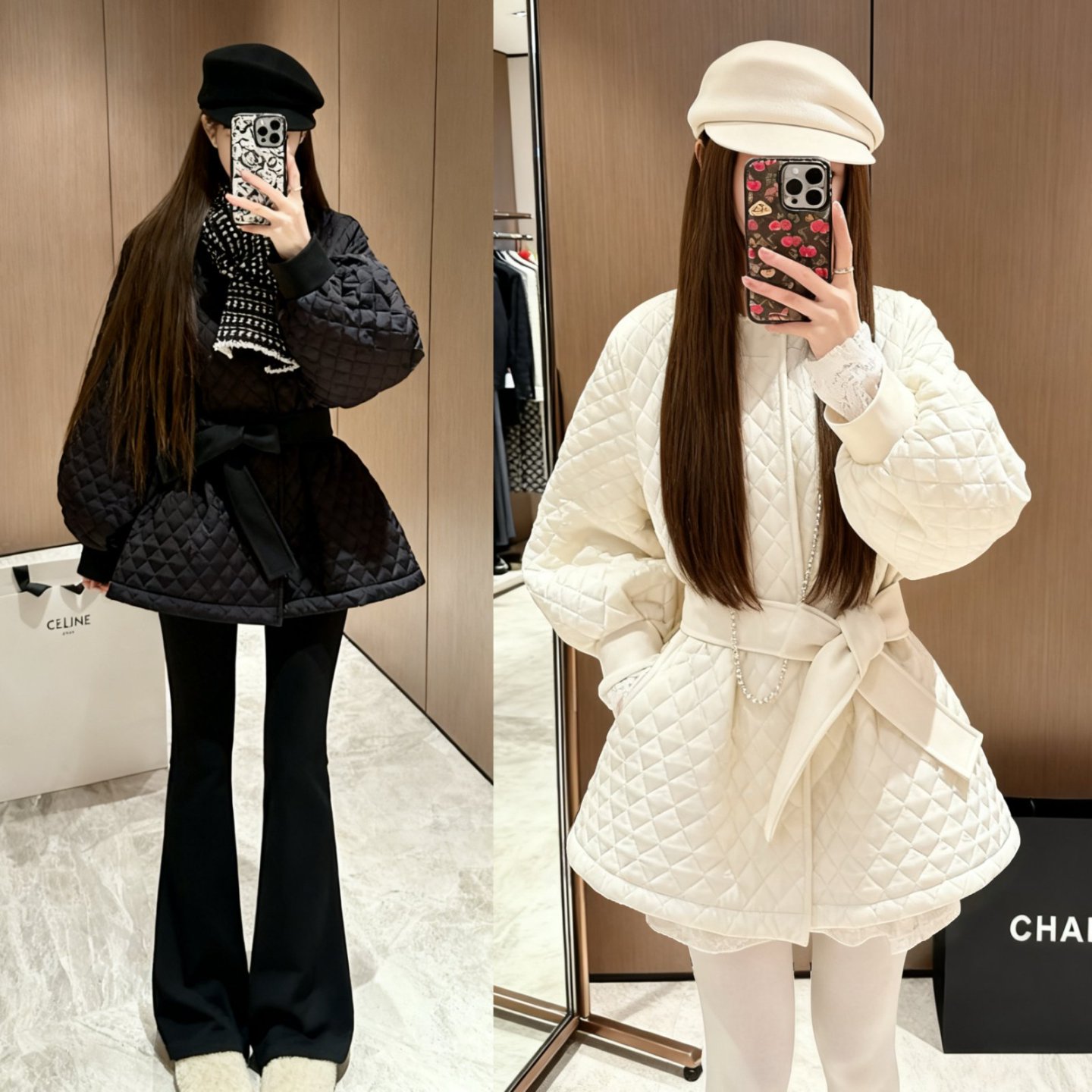 菱格灯笼袖绑带收腰棉服外套冬季新款小香风保暖圆领棉衣女A1586