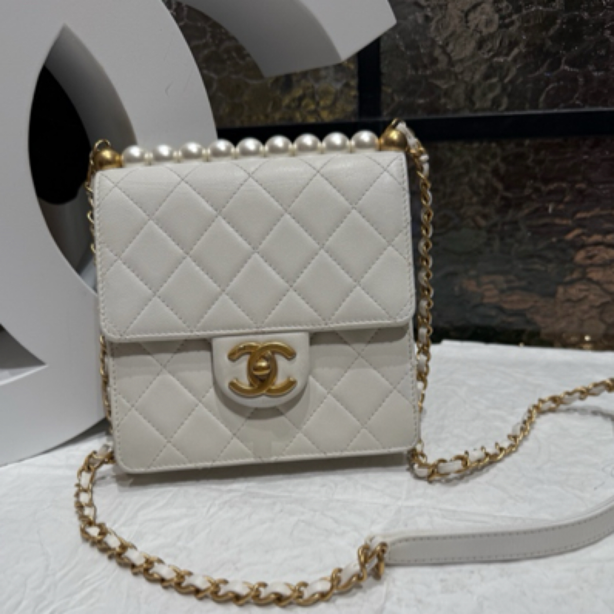 95新 Chanel/香奈儿 Chanel白色珍珠包斜挎包25030035-07