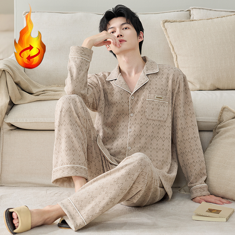睡衣男士秋冬季加厚老花满印杏色保暖开衫羊毛绒可外穿家居服套装