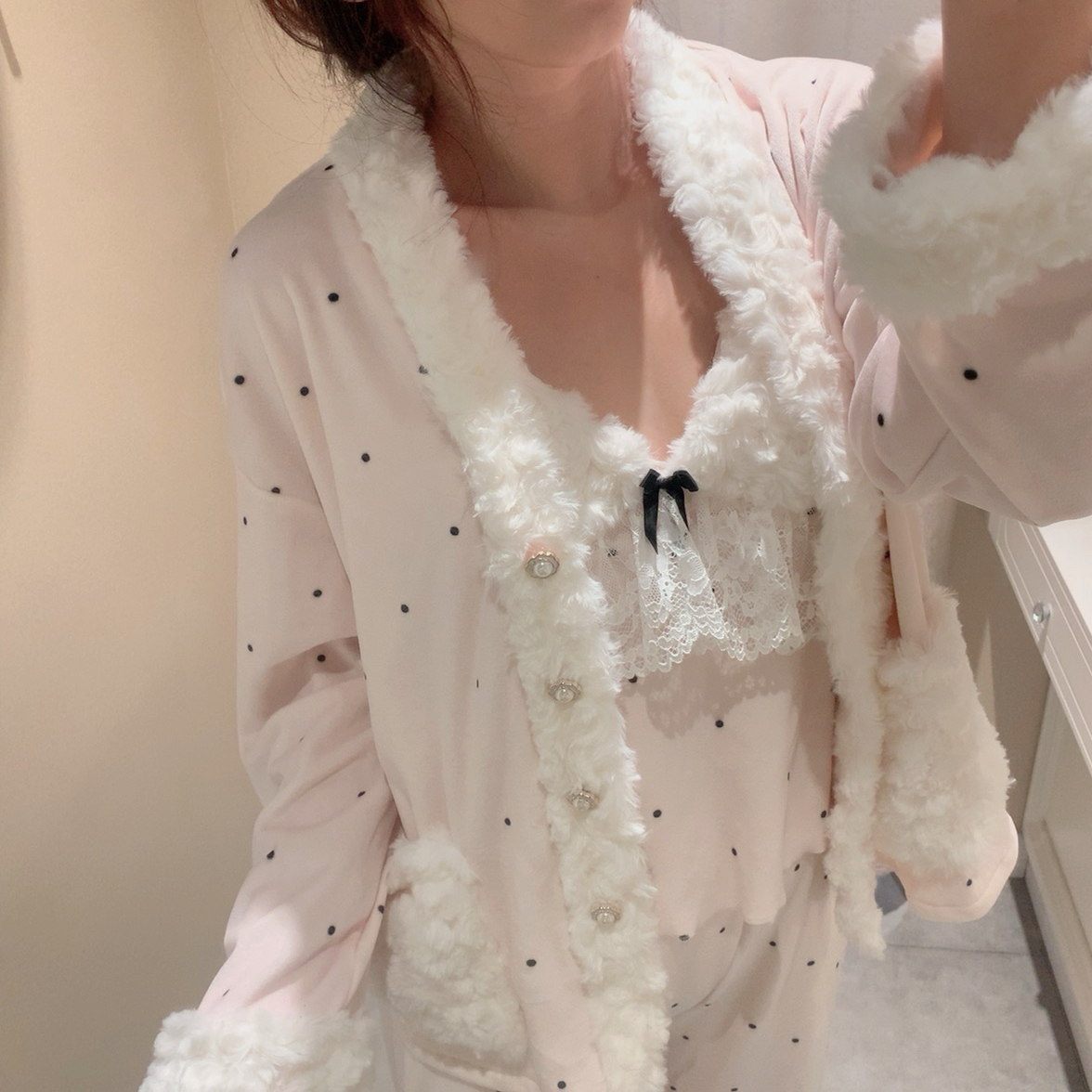 冬季波点印花带杯垫吊带海岛绒睡衣性感纯欲长袖三件套2920/2919