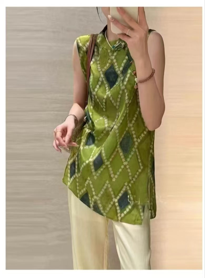 新款5608新中式立领无袖背心女夏季新款国风盘扣小衫流苏国风无袖