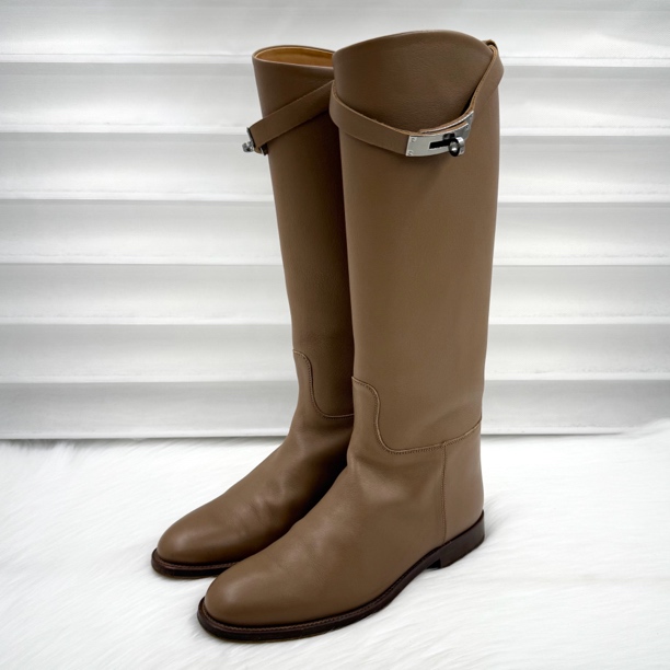 95新 Hermes/爱马仕 卡其色银kelly扣高筒靴 36码 公价2.1w j1250