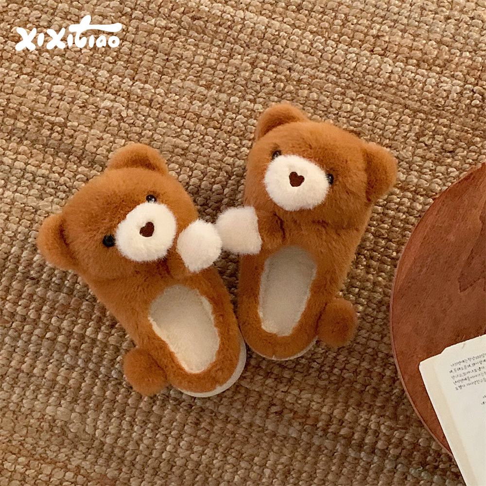 细细条 可爱软萌温暖抱抱小熊月子鞋女保暖软底防滑毛毛棉拖鞋冬