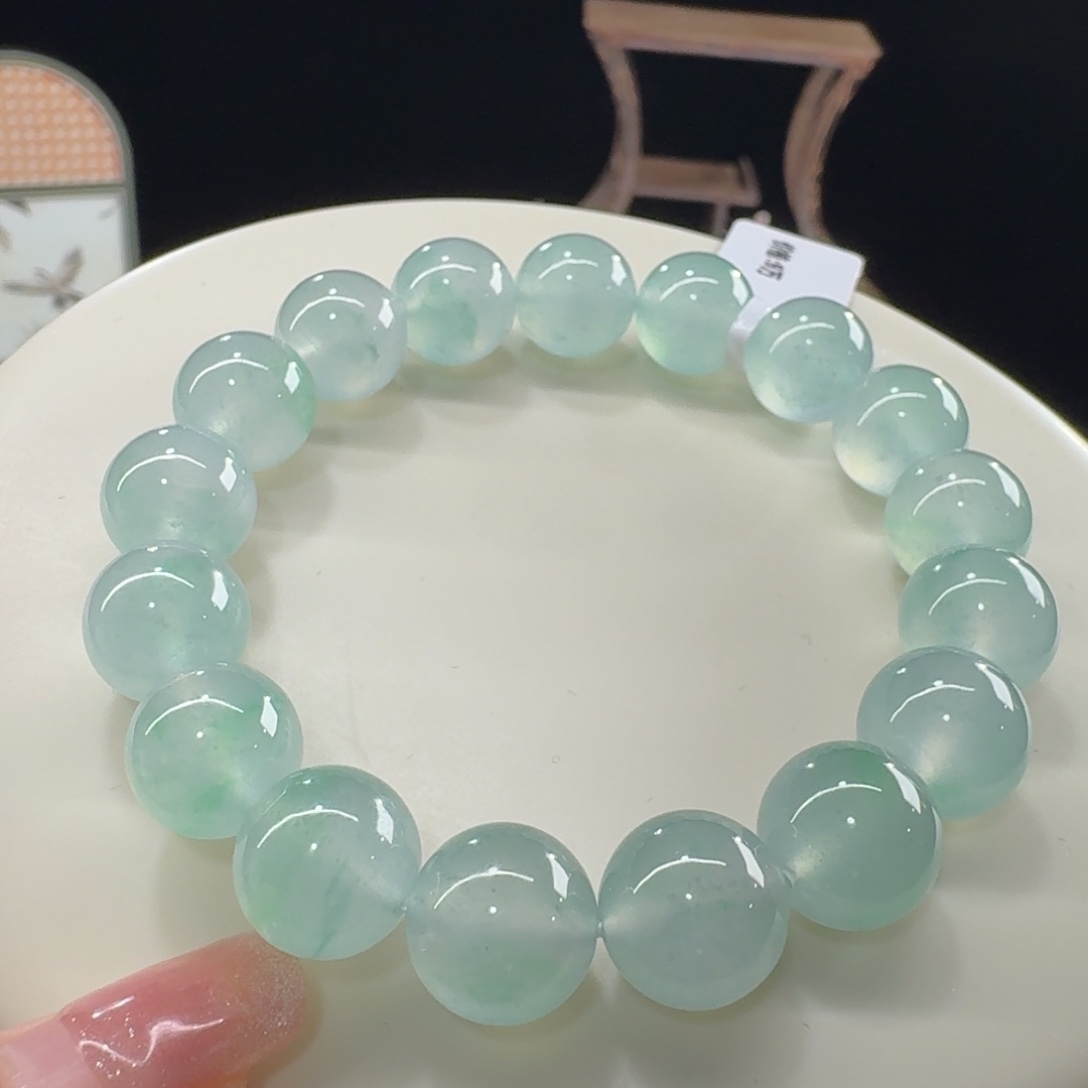 未镶嵌手串翡翠出水芙蓉！润！高冰葡萄绿飘金丝绿串卡12