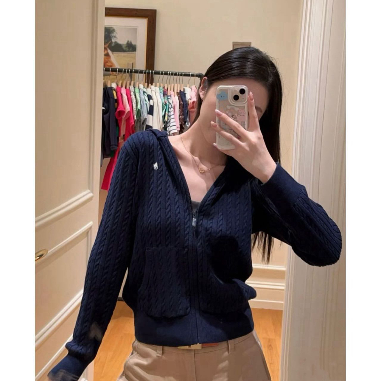 SANSIS  小马  藏青色拉链连帽长袖针织开衫毛衣