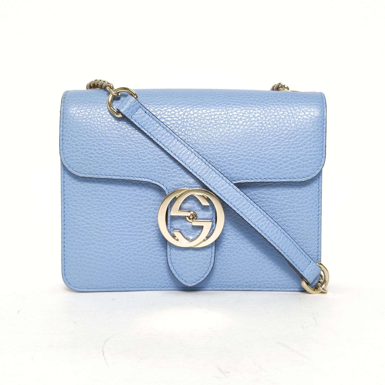 95新 GUCCI/古驰 双双攀攀 风琴包 小号 20 皮革C 金扣 蓝色