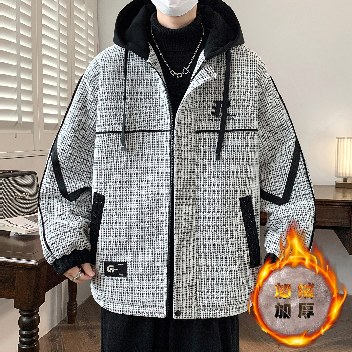 冬季新款雪尼尔加绒加厚假两件夹克青少年时尚连帽百搭保暖外套