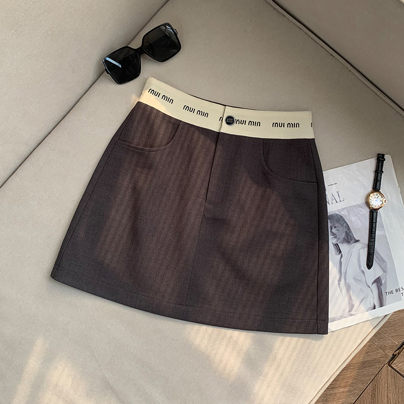 【南油溪溪】字母拼接高腰半身裙气质灰色显瘦A字夏季短裙女 800456