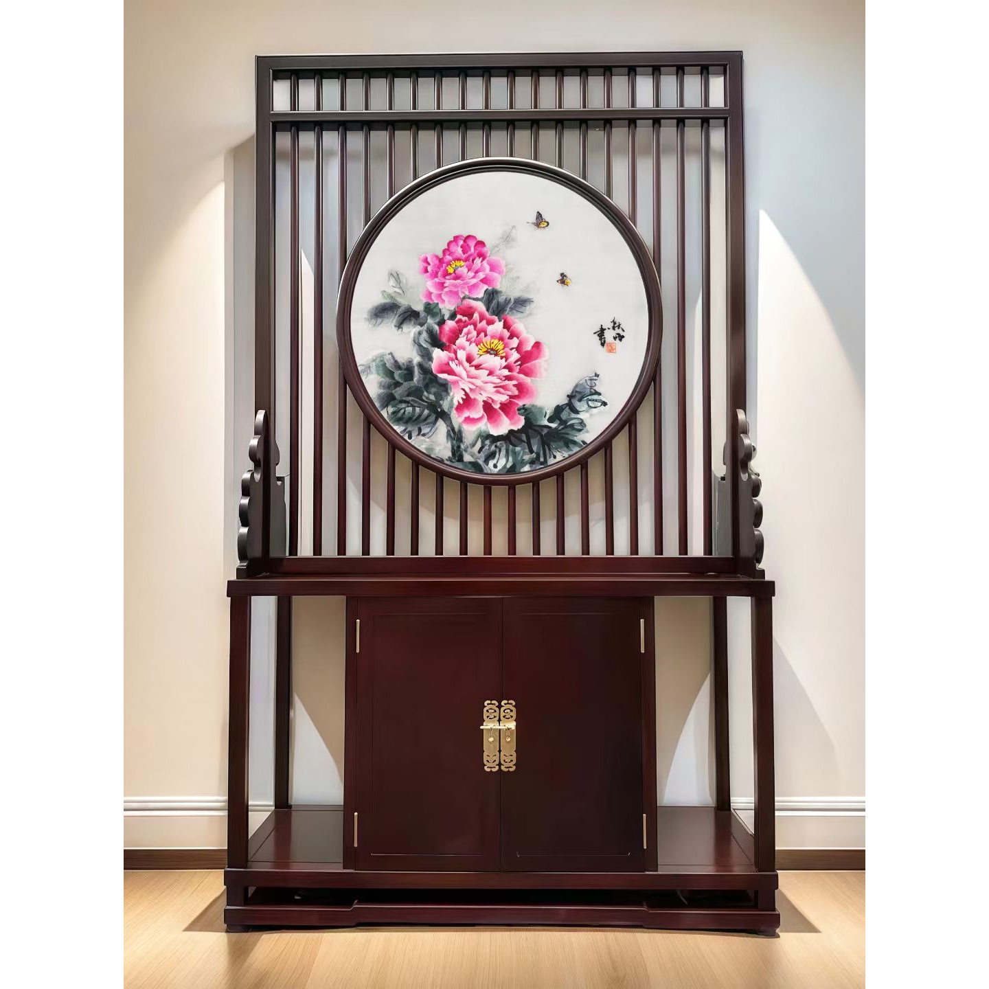 【柜式地屏】纯手工非遗苏绣屏风双面绣刺绣红花梨木框画芯80*80cm