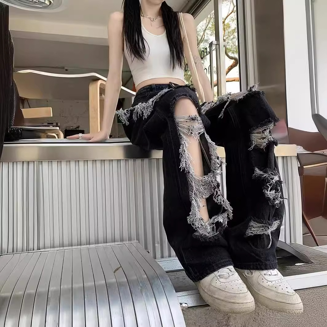 辣妹黑色破洞牛仔裤女春季2024新款炸街潮酷毛边高腰直筒拖地长裤
