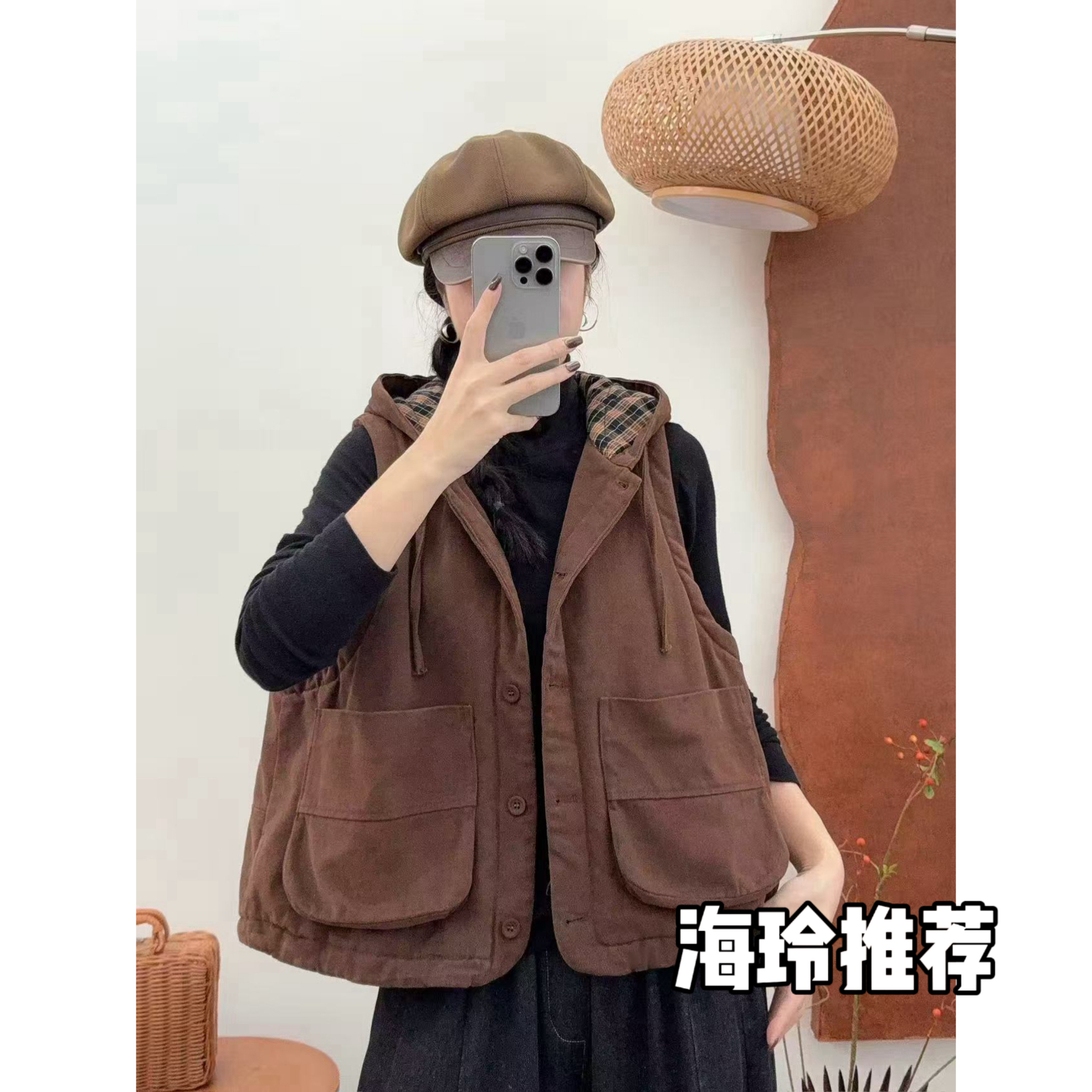 25113贴布秋季连帽复古港风女马甲马夹