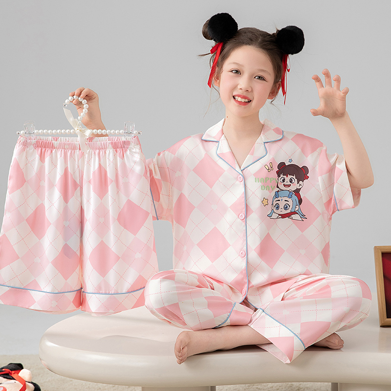 儿童睡衣女童夏季双短套装女孩冰丝薄款中大童空调家居服