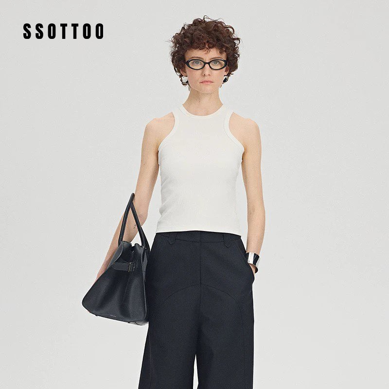 SSOTT00 小众设计师品牌 后中拼接蕾丝花边工字背心