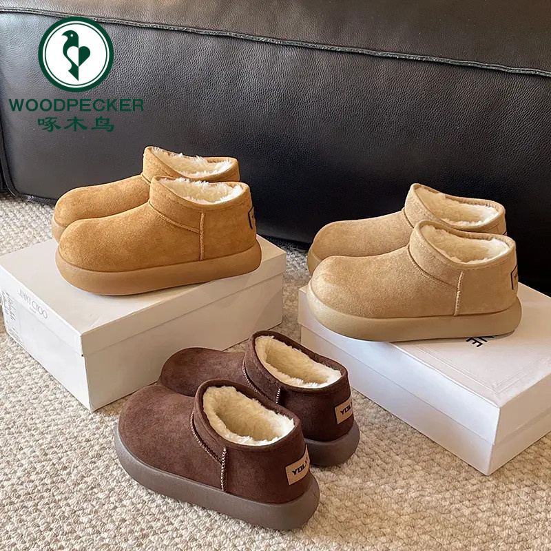 啄木鸟25冬季新款复古厚底加绒一脚蹬保暖时尚雪地靴棉靴百搭女鞋