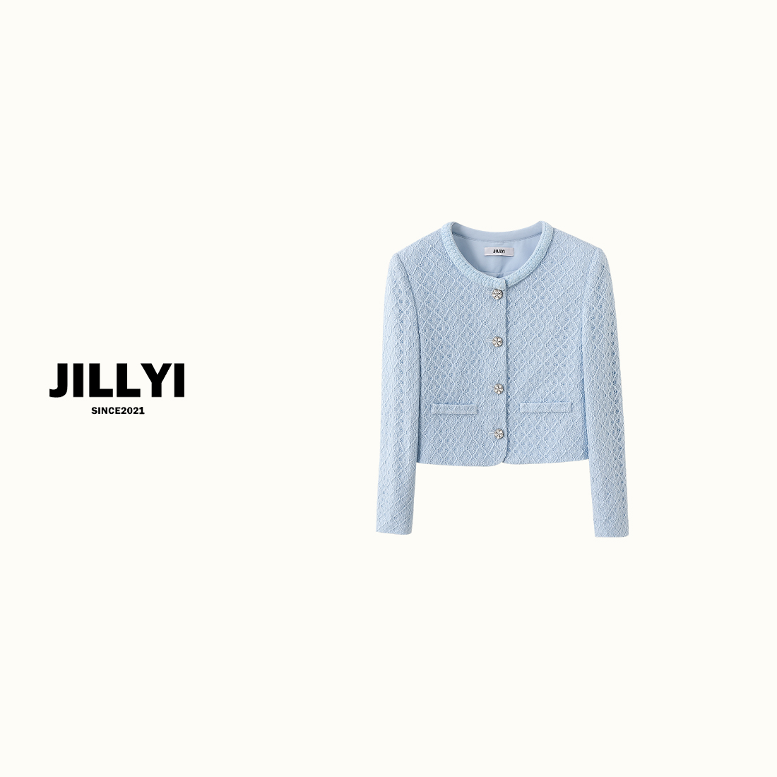 JILLYI珠海店【奶油梦境】蓝色圆领静奢风法式气质时尚外套