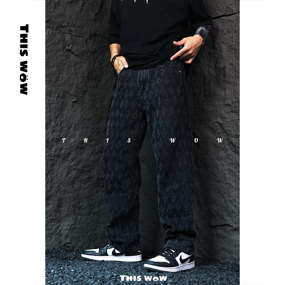 THIS WOW美式直筒满印闪电满印提花宽松痞帅复古蓝黑色牛仔裤6809