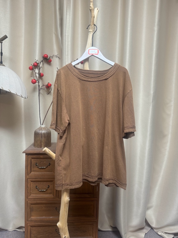 555纯棉炒色做旧休闲宽松型透气短袖T恤衣长65胸围120