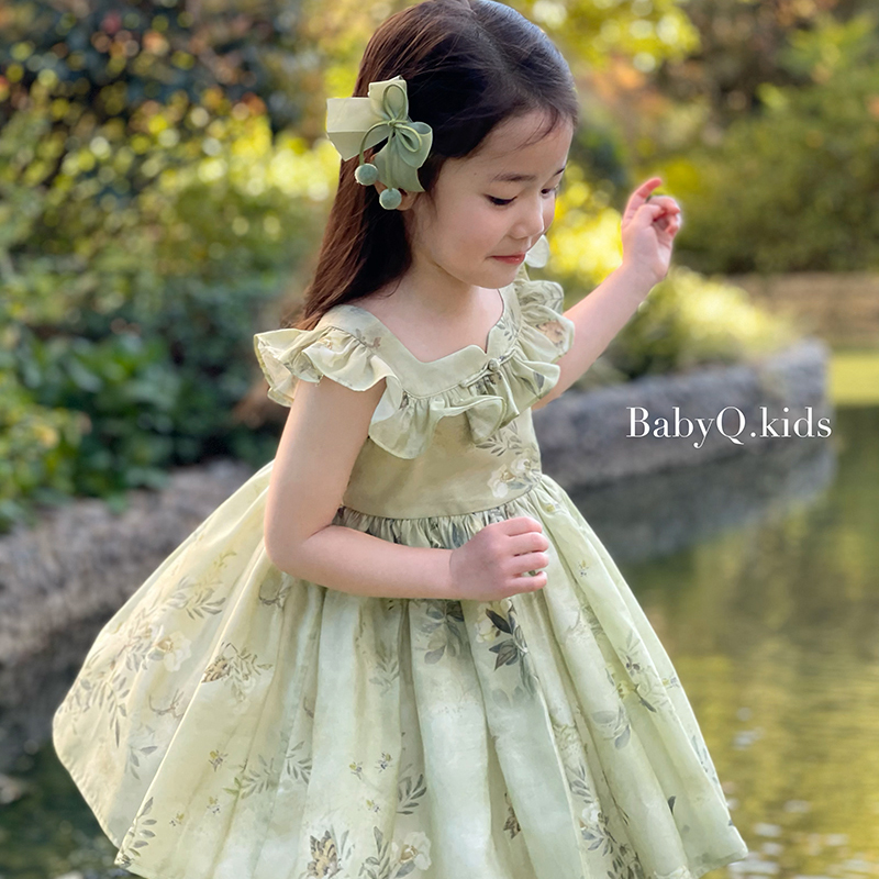 BabyQ Lovely花朝连衣裙青绿色原创设计女童清新日常国风连衣裙