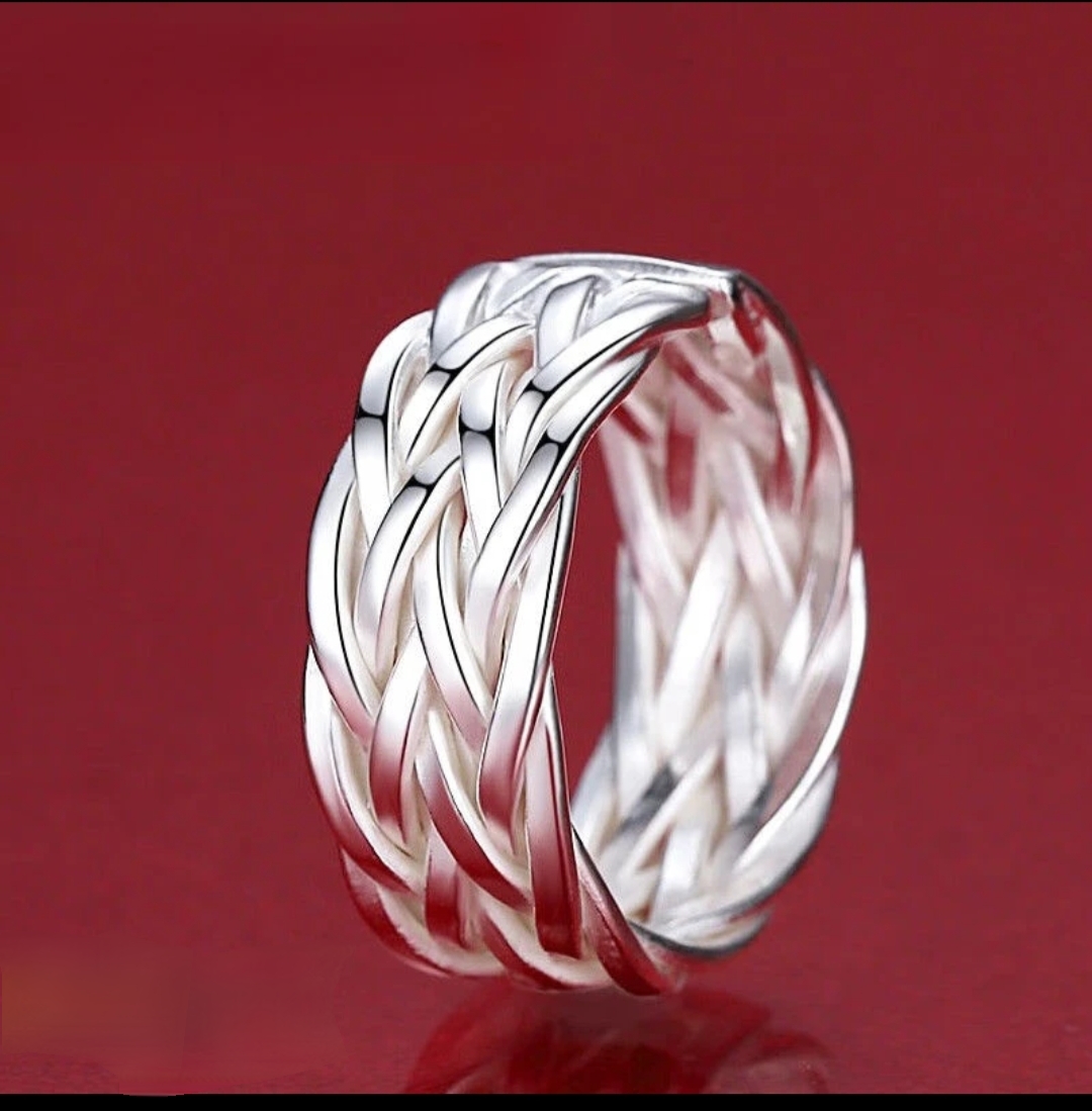 足银戒指  990足银手工编织麻花戒男士开口食指指环个性宽霸气款